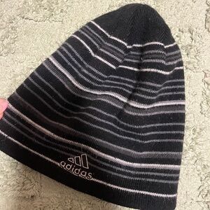 adidas Black and Gray Striped Knit Beanie with Logo